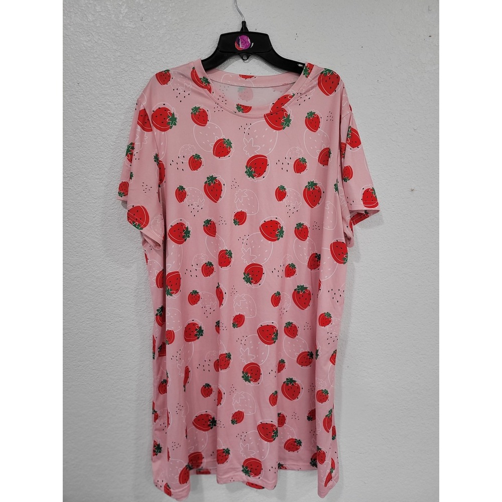 Pink‎ Strawberry Print T-Shirt Dress Short Sleeve Crew Neck Plus 1XL Summer #23